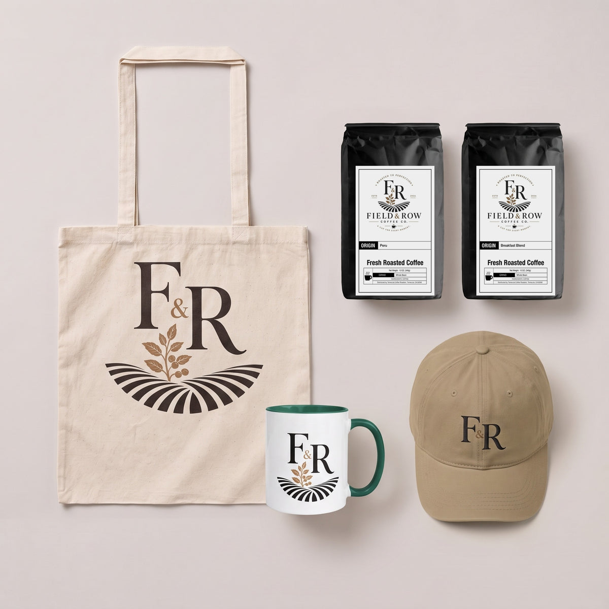 The Morning Ritual Bundle: two bags of coffee, F&R Coffee Mug, Classic Dad Hat and Cotton Tote