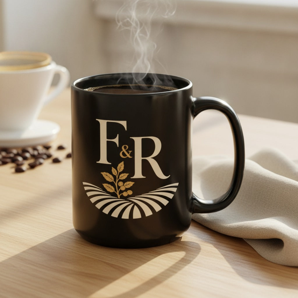 F&R Coffee Mug, Black, styled with coffee
