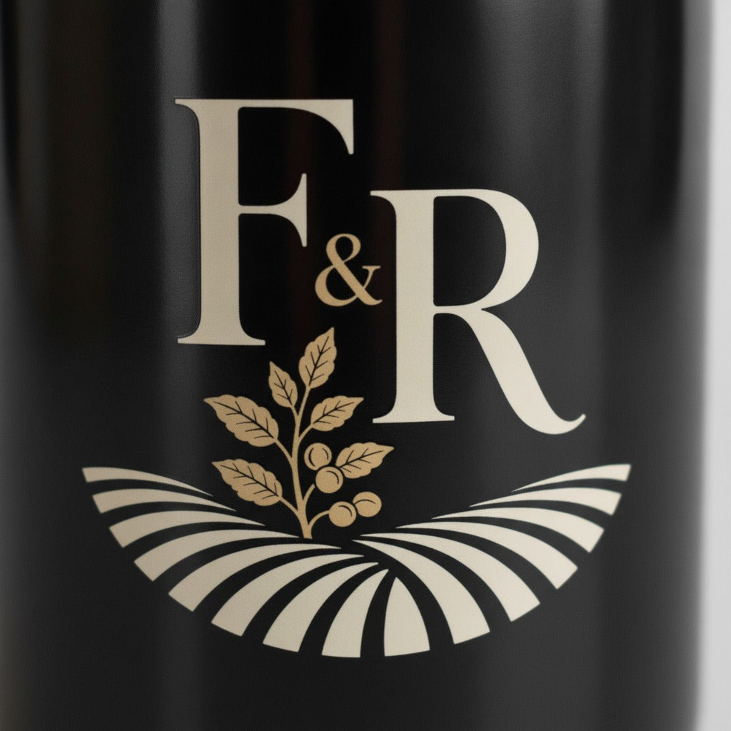 F&R Coffee Mug, Black, logo detail